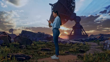 full body side view of an asian female professional worker standing with her phone with large satellite dish, working continuously with her phone