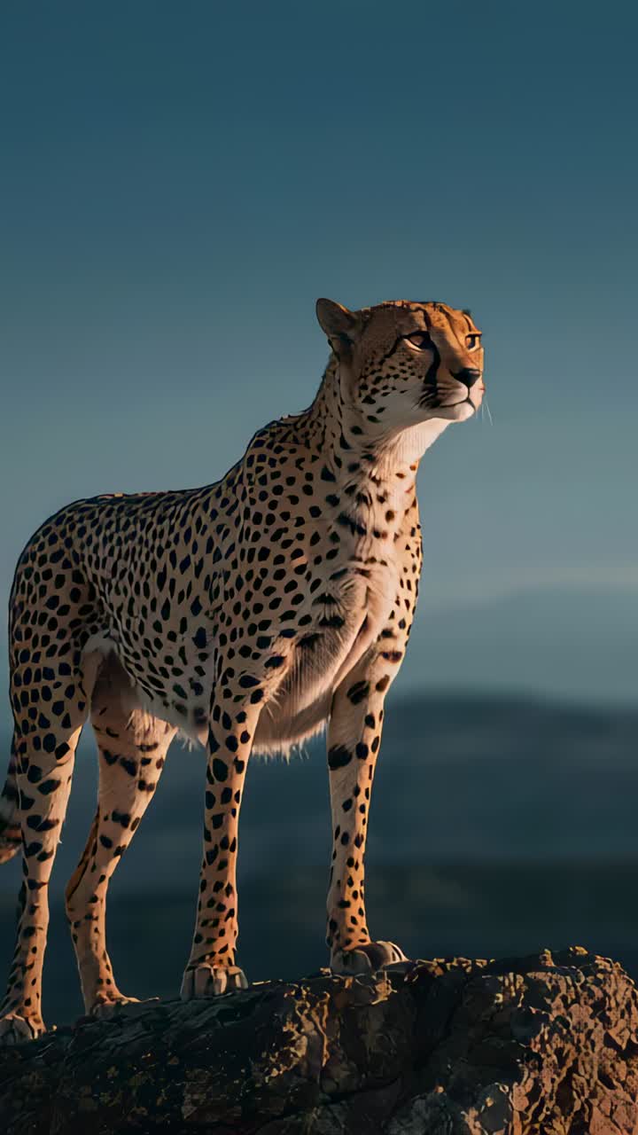 Vertical video: Scanning cheetah turning head right on rocky ledge under warm sun and distant hills