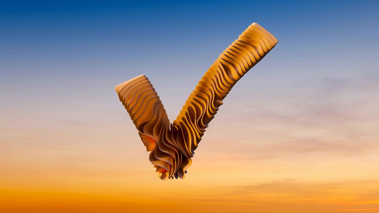 Floating abstract sculpture composed of two upward-angled V arms built from repeating thin orange plates, shown against wide gradient sky from golden horizon