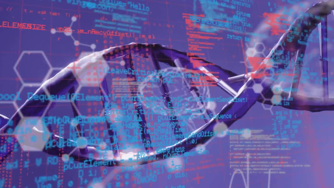 animación de la cadena de adn y la red de conexiones sobre fondo azul