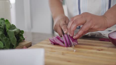 Midsection-of-african-american-senior-woman-preparing-food-in-kitchen,-chopping-onions