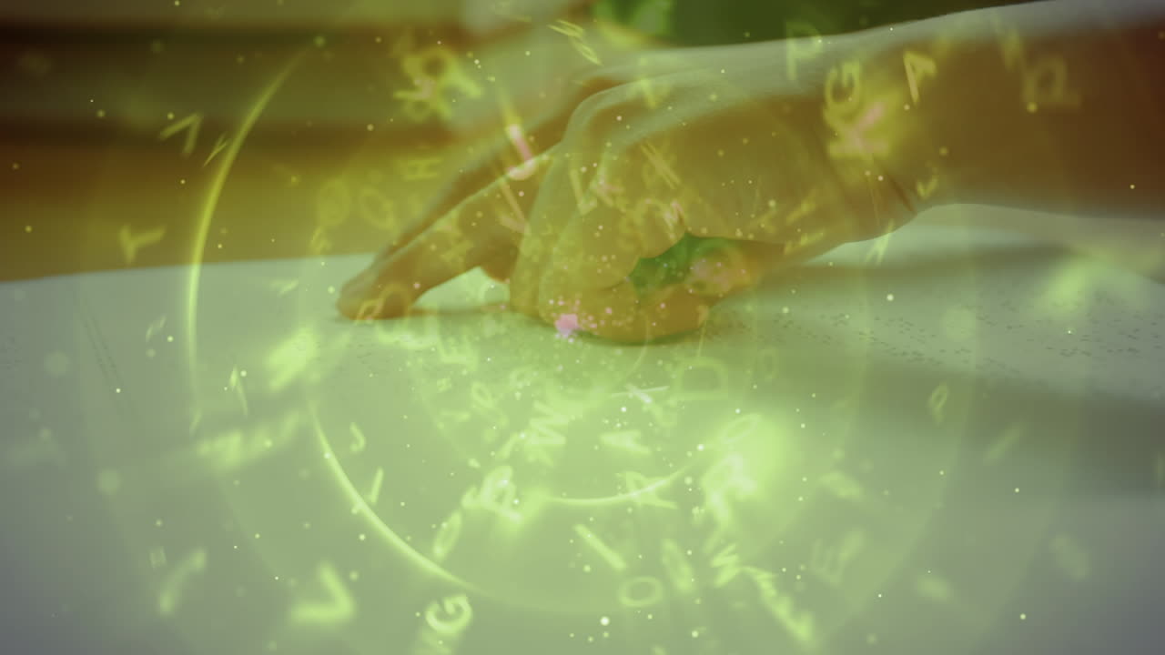 알파 ⁇  이 떠다니고 회전 하고 있는 것 은 브라이일 문자 로 책 을 읽고 있는 손 의 가까운 모습 을 반영 한다