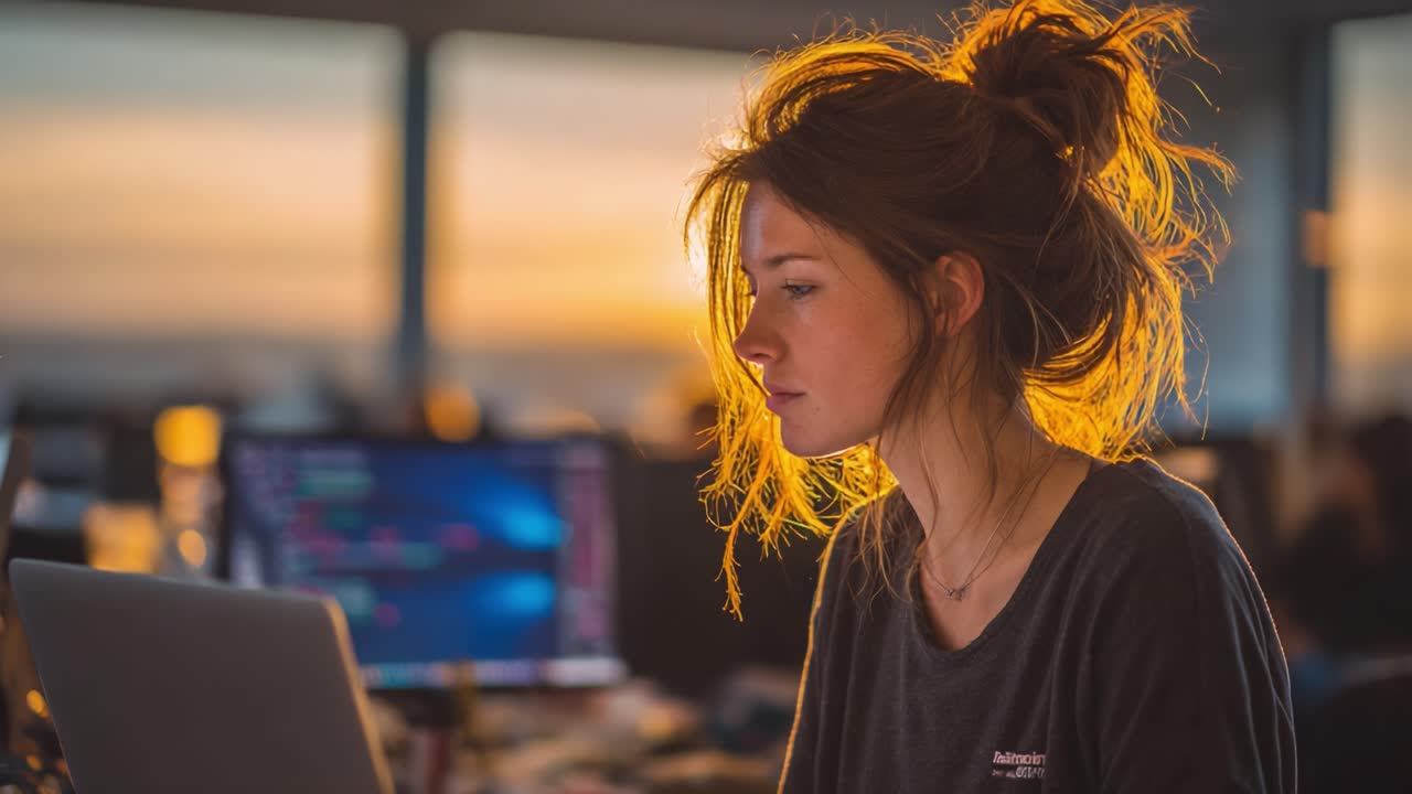A Focused Individual Working on a Laptop During Sunset, Capturing the Essence of Concentration and Creativity in a Modern Workspace with Glowing Light