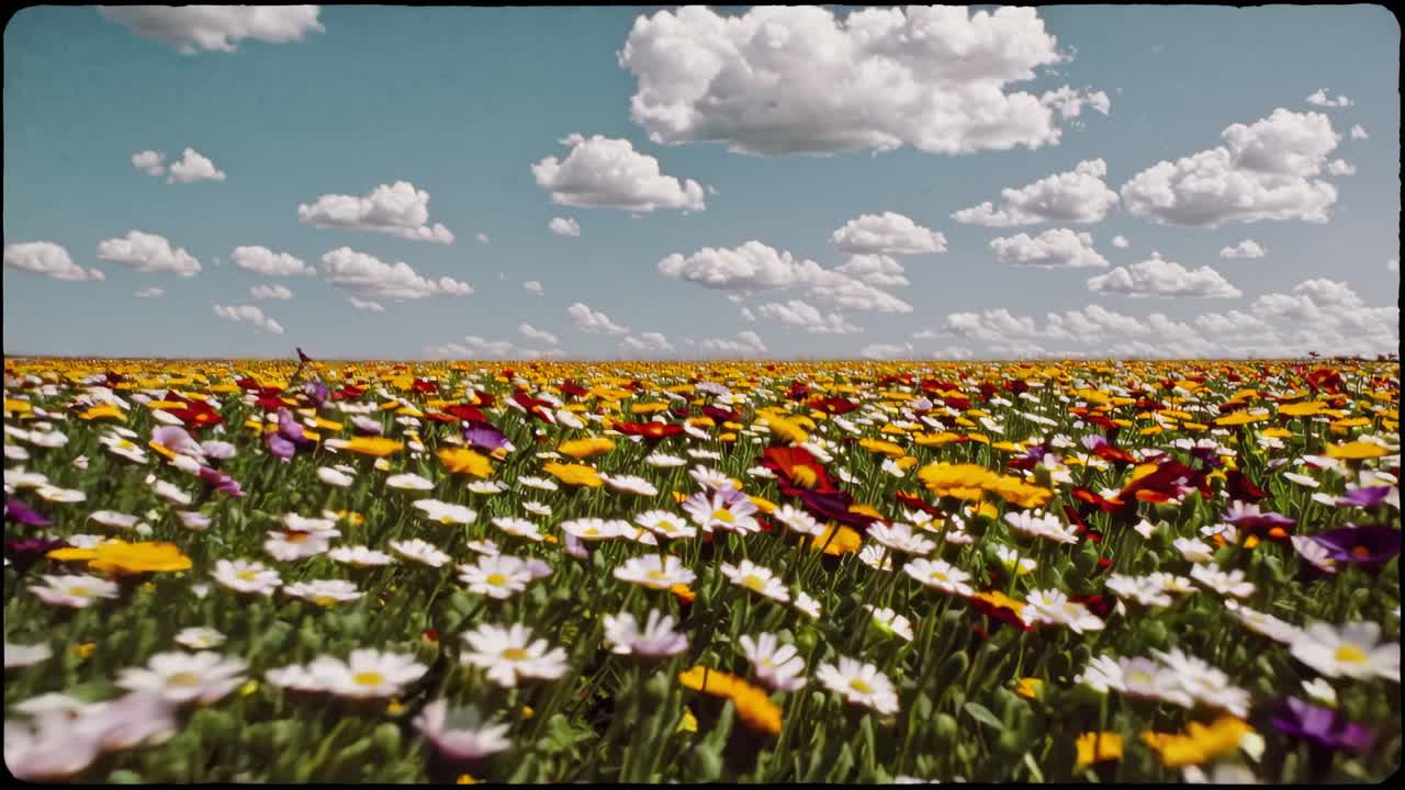 Vasto campo de flores silvestres coloridas sob um céu repleto de nuvens fofas