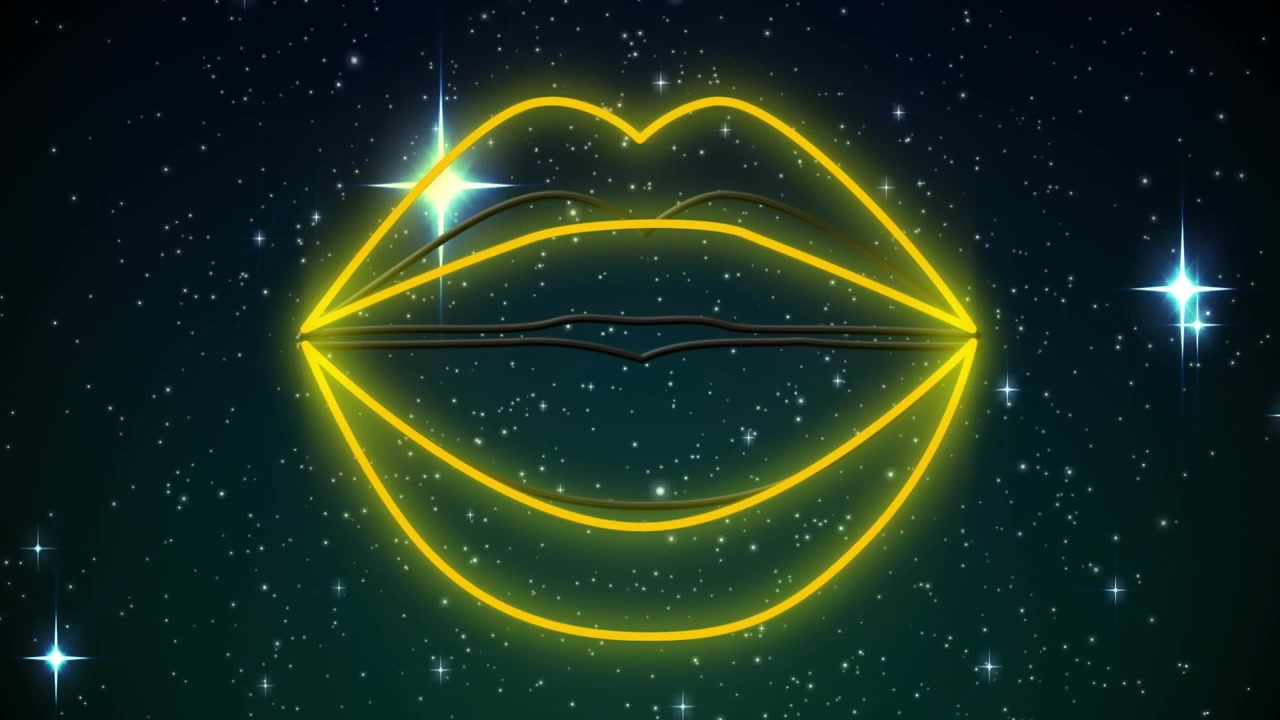 Animazione di neve che cade su una decorazione al neon e un'icona emoji felice su sfondo nero.