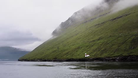 Lighthouse-on-the-edge-of-a-cliff-next-to-the-ocean-on-cloudy-cold-day-in-the-Faroe-Islands