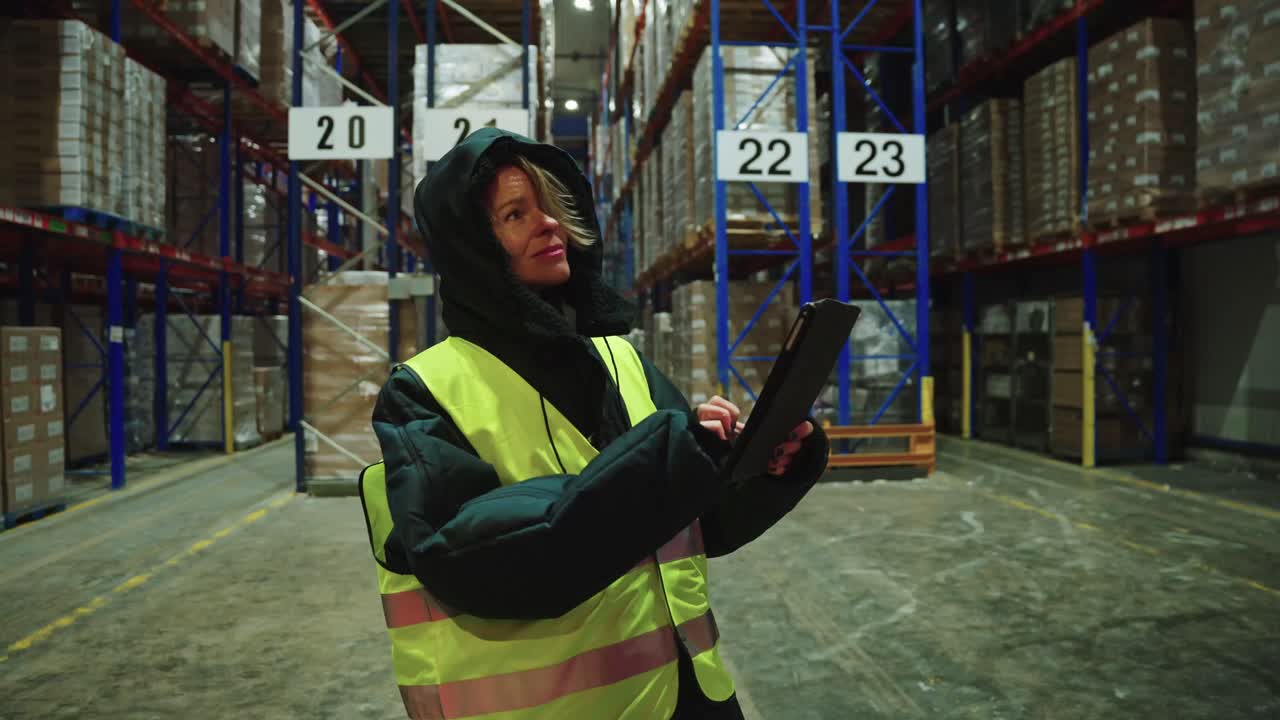 A Female Worker in a Warehouse Using a Tablet