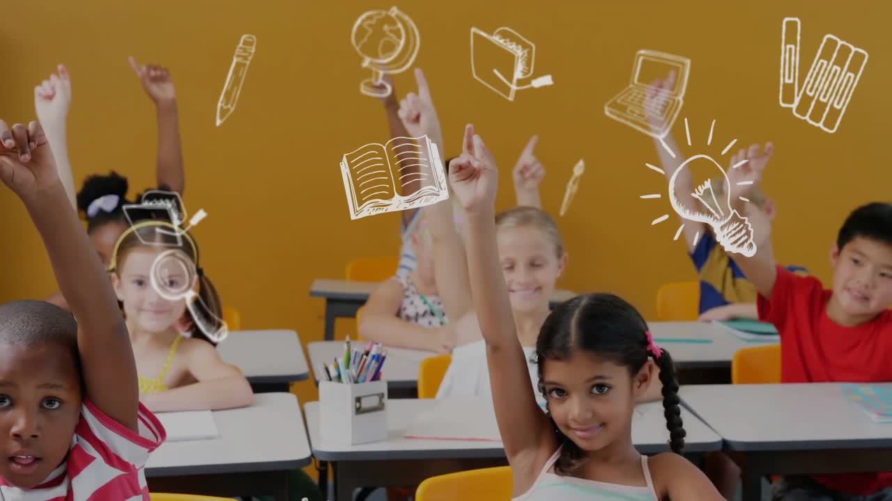 Animation of education school icons over diverse school children in ...