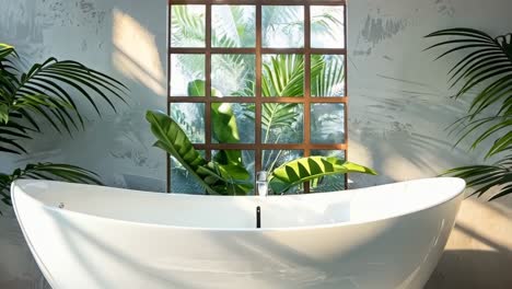 a white bathtub sitting in front of a window next to a potted plant