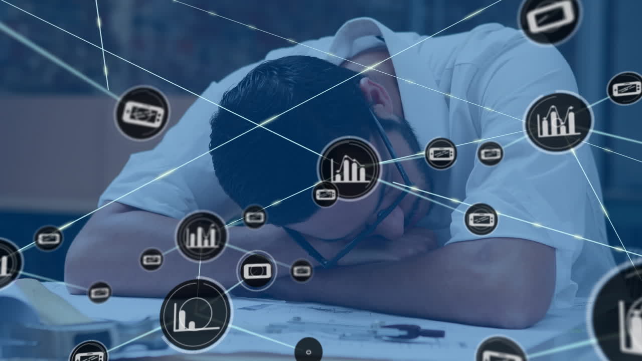animación de la red de conexiones sobre el arquitecto biracial dormido en la oficina