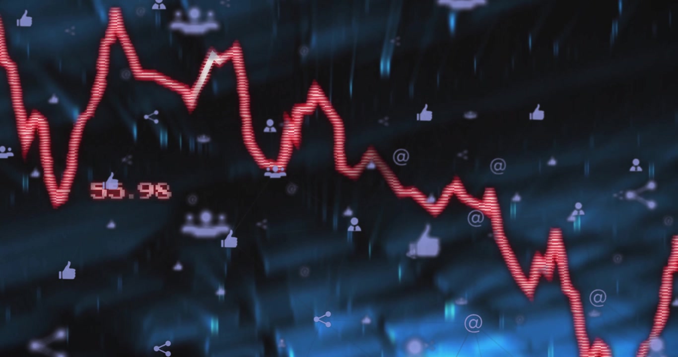 Starting red line chart over 3D grid showing dips surges, icons fading visualizing engagement data