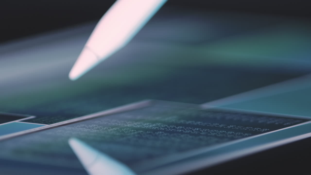 análisis de datos en la pantalla de la tableta con un lápiz óptico que resalta algunos datos