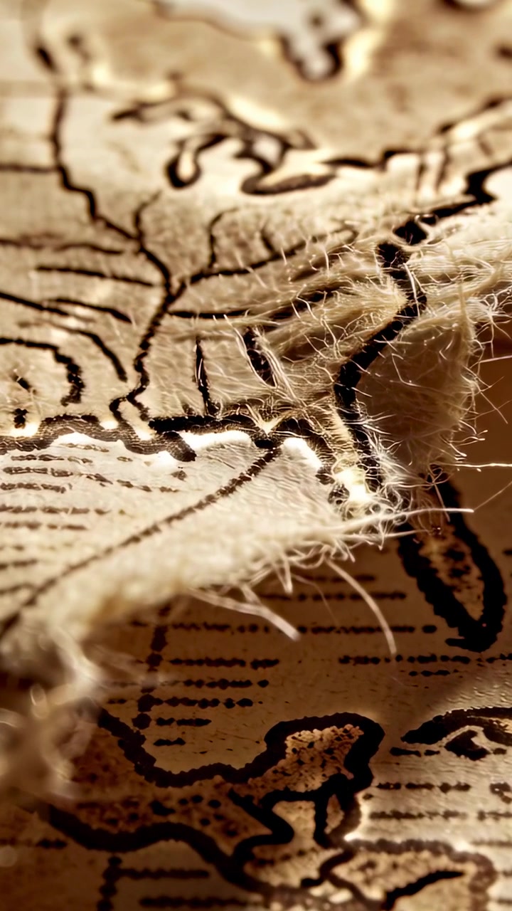 Video verticale: Regolazione della messa a fuoco, obiettivo che mostra un panno con mappa su un tavolo per rivelare fili sfilacciati e l'inchiostro della mappa