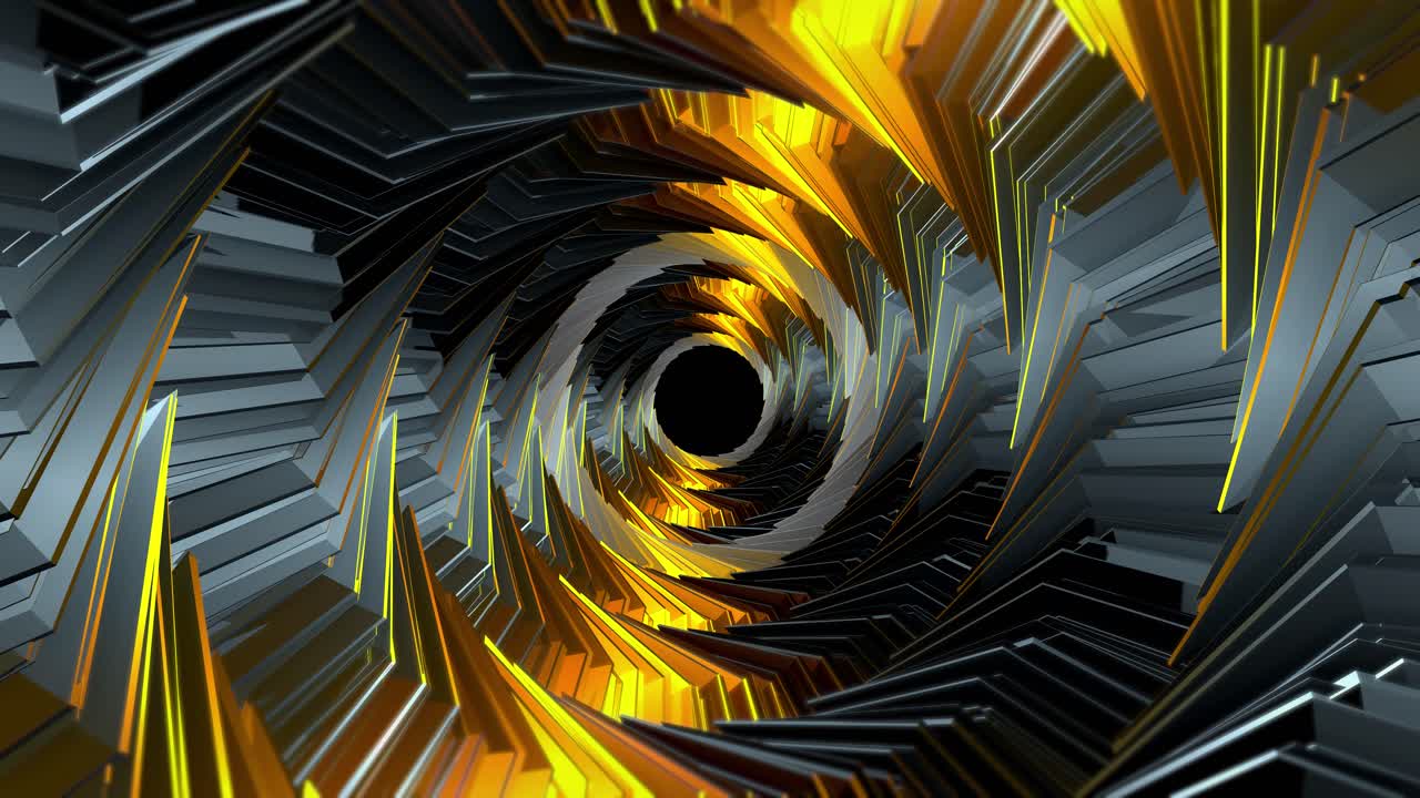 Abstract Spiral Tunnel with Yellow and Grey Geometric Shapes