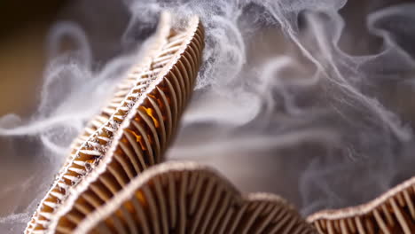 close-up of mushroom gills with mist