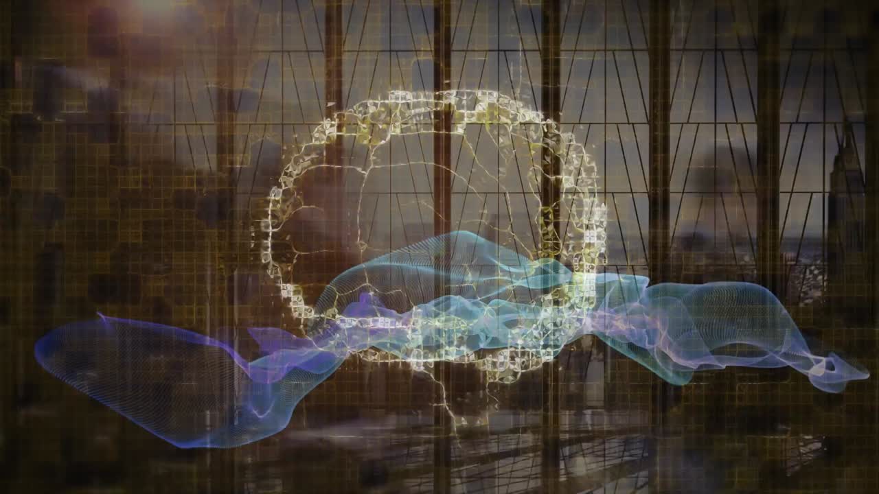 빠른 움직임으로  ⁇ 고 있는 사람들 위에서 회전하는 인간의 뇌의 애니메이션