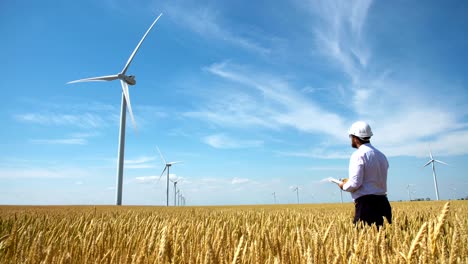 worker of a wind power plant in a yellow wheat field