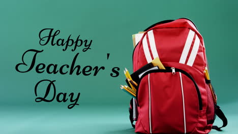 animation of happy teachers day text over school bag