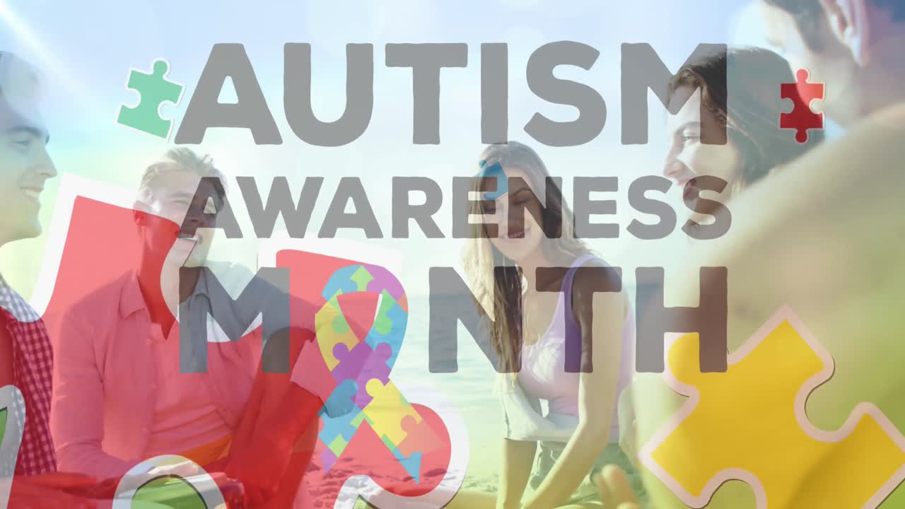 여름 해변 파티에서 행복한 친구들 위에 다채로운 퍼즐 조각과 자폐증 텍스트의 애니메이션