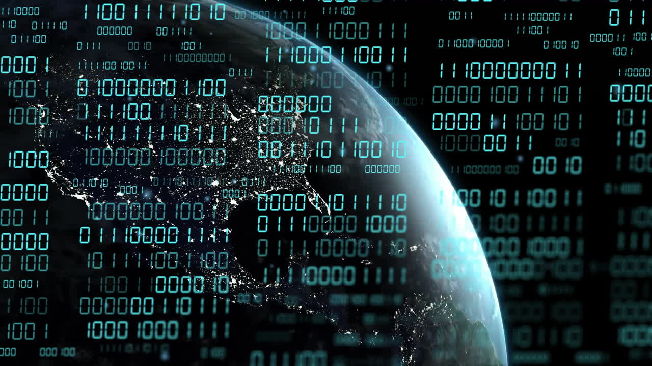 Animation of binary coding data processing over globe