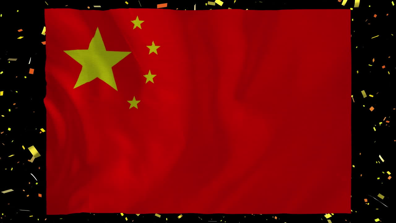 animación de confeti cayendo sobre la bandera de china sobre un fondo negro.