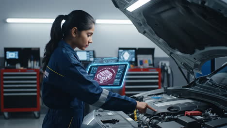 female mechanic uses holographic display for car diagnostics