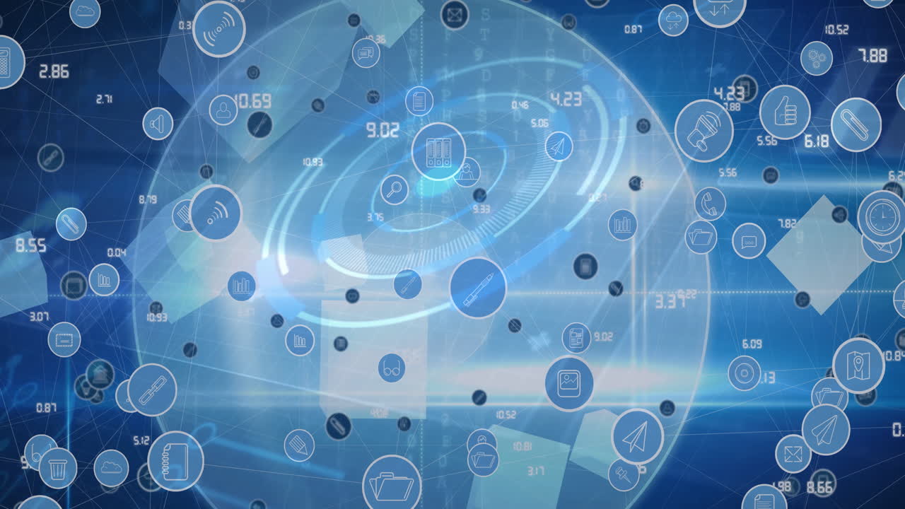 파란색 배경에 둥근 스캐너에 대 한 여러 디지털 아이콘의 네트워크의 디지털 애니메이션