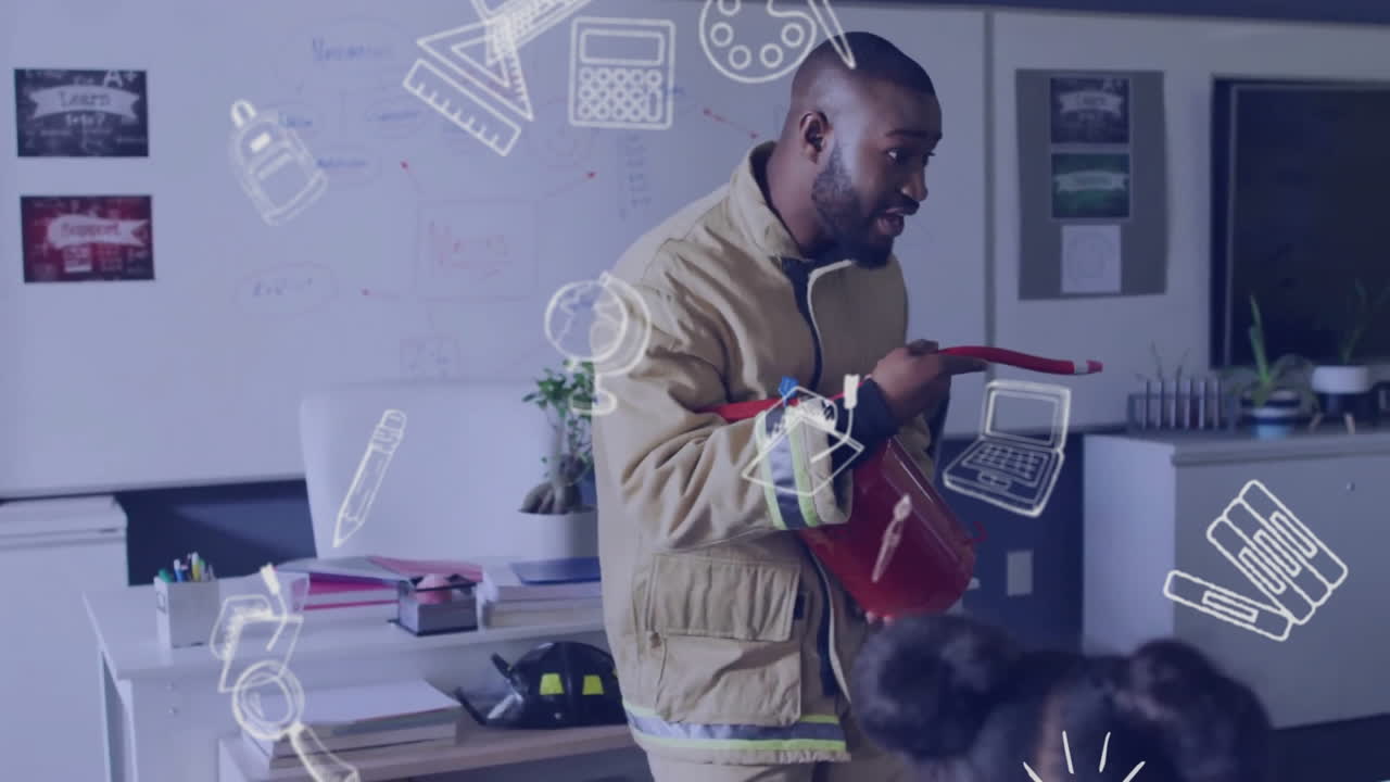 Animation of school items icons over happy diverse male teacher with students learning in classroom