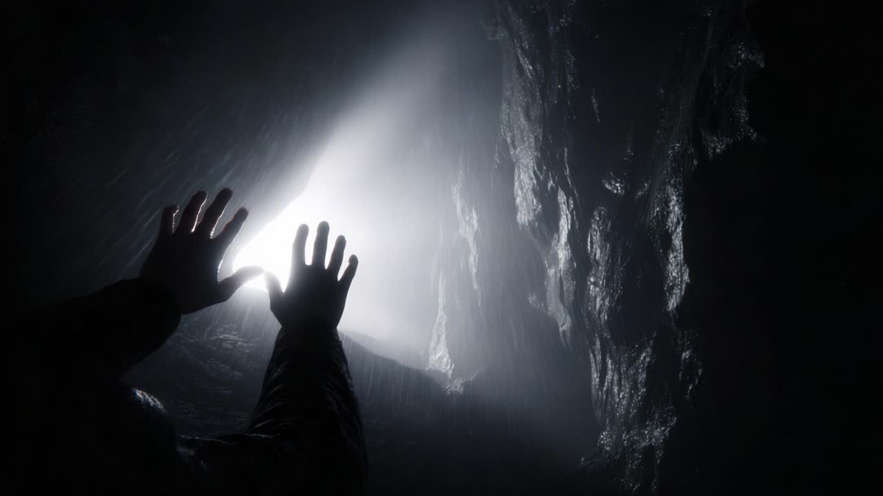 A solitary figure reaches out towards a radiant beam of light penetrating deep into a mysterious cavern, illuminating the surroundings with a stark contrast against the shadowy, rocky textures of the cave walls