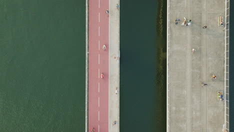 amazing drone pano shot of two parallel bridges for both pedestrians and cyclists