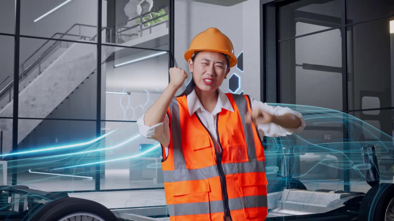 흥분한 여성 엔지니어가 자동차 디자인의 혁신을 축하하고 있습니다.