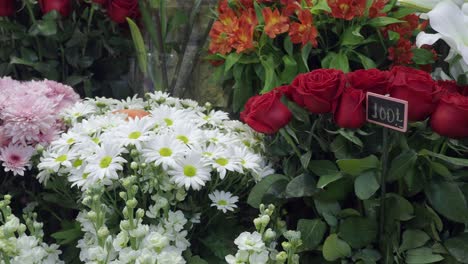 beautiful red roses and white flowers at a florist shop