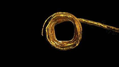 gold liquid flows with splashes around sphere with attraction to its center with alpha channel. separated on pure black background