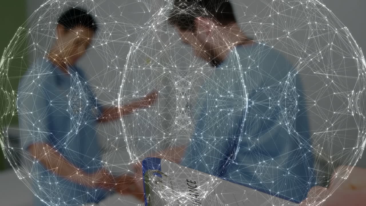 Healthcare professionals in blue scrubs working with animation of network connections