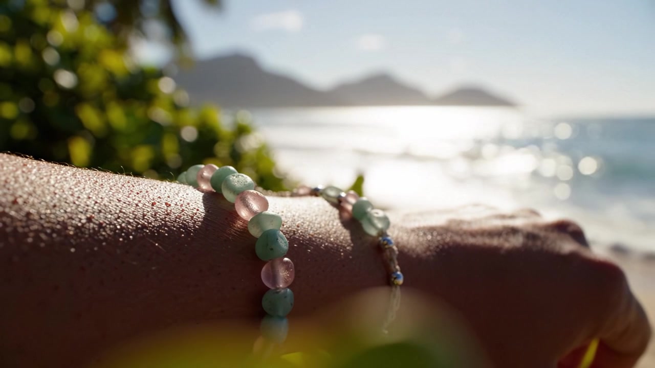 Una vista ravvicinata di una mano adornata con braccialetti splendidamente realizzati, che brillano sotto il sole, con uno splendido sfondo di spiaggia e mare, creando un'atmosfera serena.