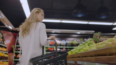 view back girl walking through the supermarket with a basket in his hands considering the shelves of fruit