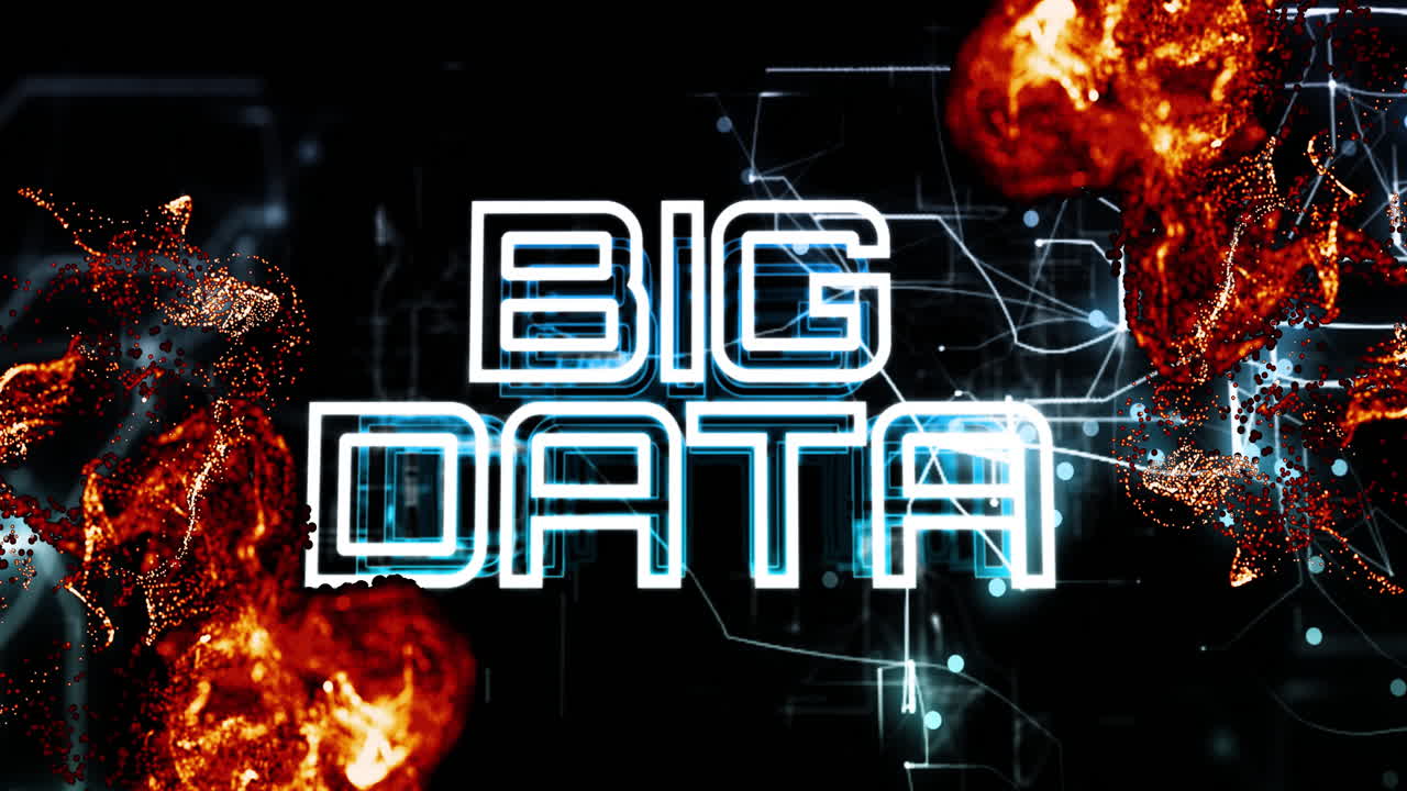 Animation of fiery explosions and digital network connections in big data theme