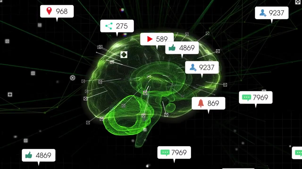 Vertical video: Green brain rotating, data creating icons on radial lines, showing tech engagement