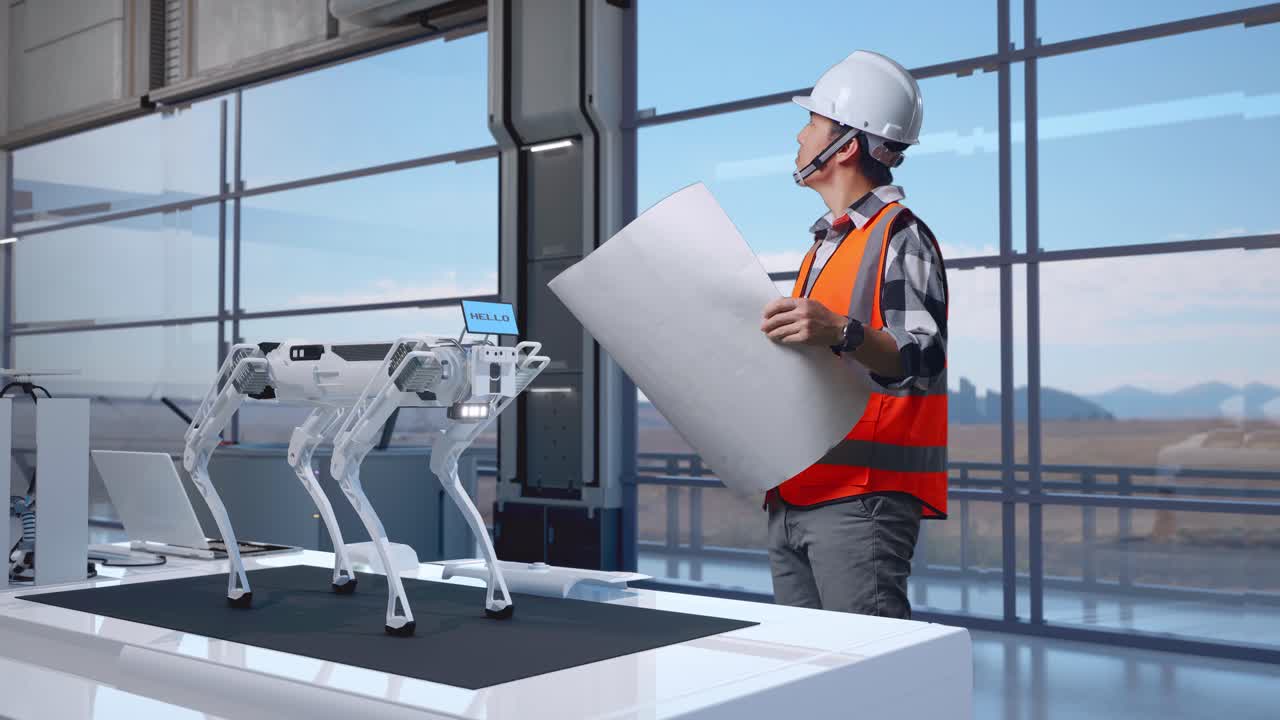 vista laterale completa del corpo di un ingegnere maschio asiatico con casco di sicurezza che guarda il progetto nelle mani e si guarda intorno mentre si trova in una fabbrica ad alta tecnologia, analizzando il concetto di macchina robotica