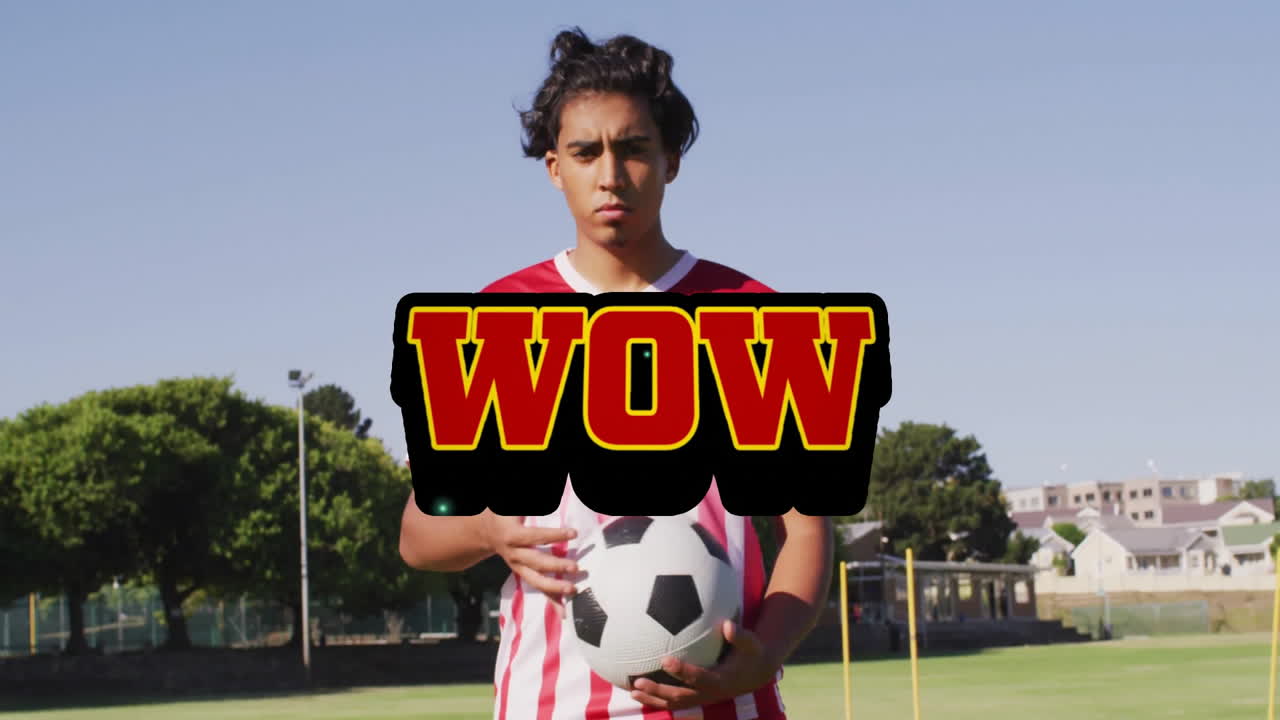 Holding soccer ball, child with bold WOW text overlay in animation style