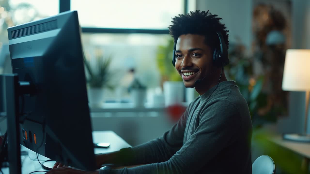 Receiving customer call, rep wearing headset typing keyboard smiling laughing at desk, with monitor