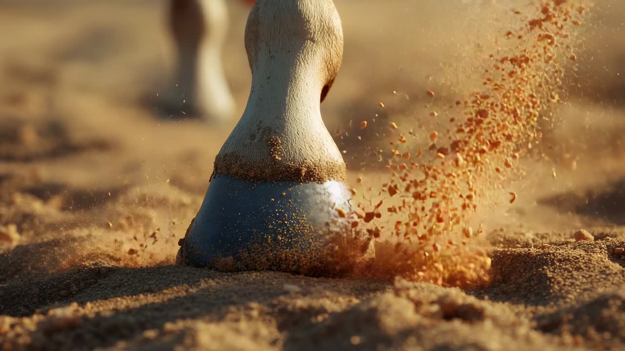 Descending metal-shod horse hoof marking stride by impacting sand under sunrise, spraying grains