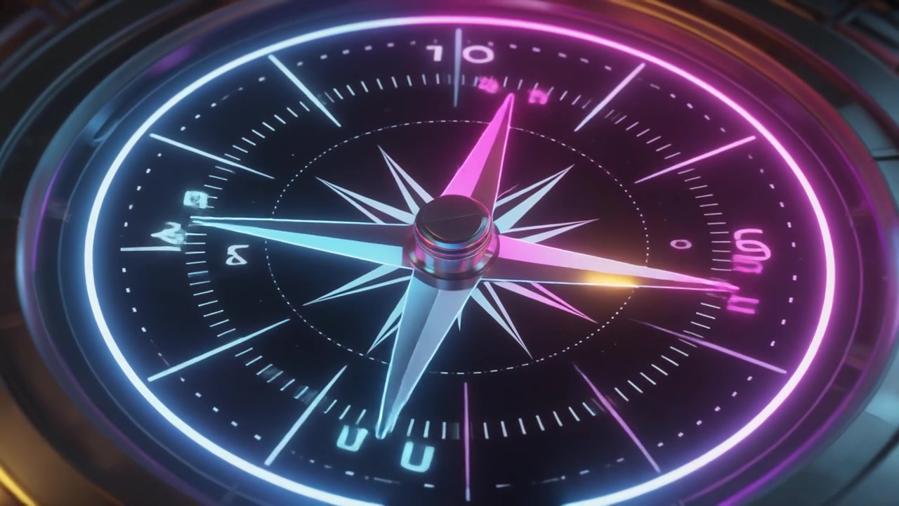 Futuristic Compass Rotating with Glowing Neon Lights