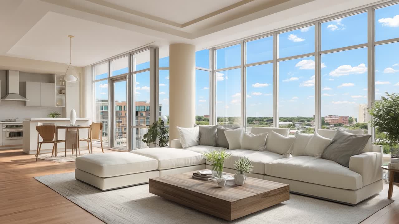 Bright and Airy Modern Living Room Showcasing Elegant Interior Design with Spacious Seating, Abundant Natural Light from Large Windows, and Inviting Decor Elements in a Contemporary Urban Apartment Setting