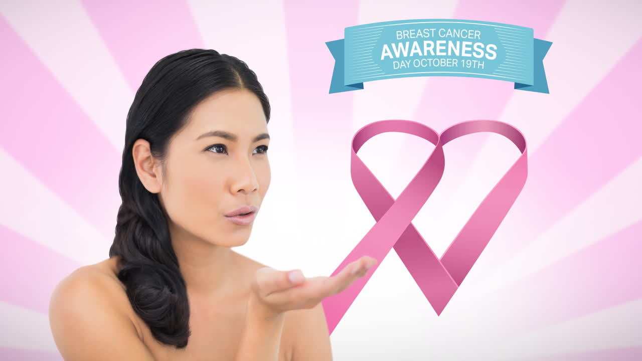 젊은 여성 위에 유방암 텍스트가 있는 분홍색 리본 로고의 애니메이션