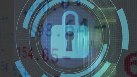 animación del icono del candado de seguridad en el escáner redondo, procesamiento de datos del mercado de valores en la sala del servidor