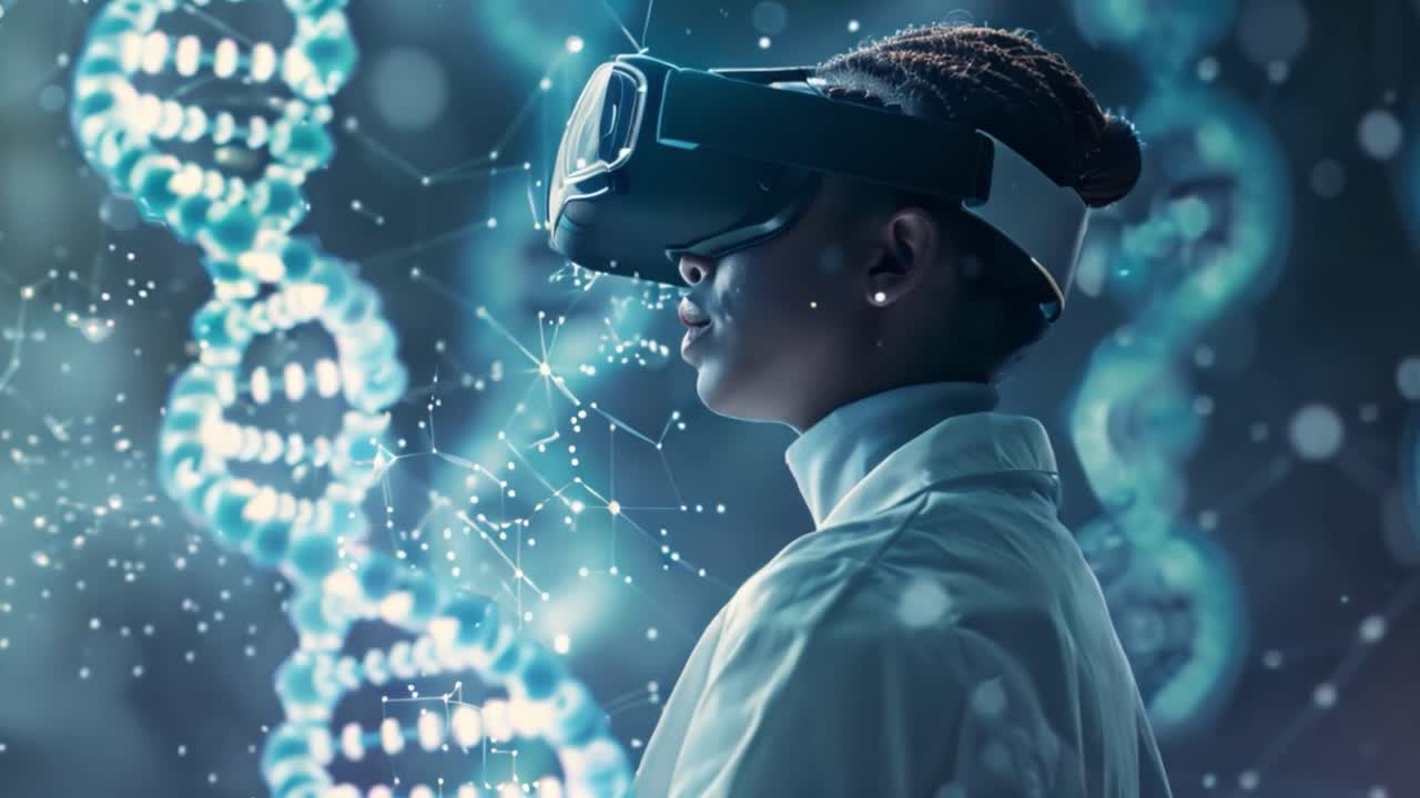 Scientist Using VR Headset to Explore DNA and Genetic Data