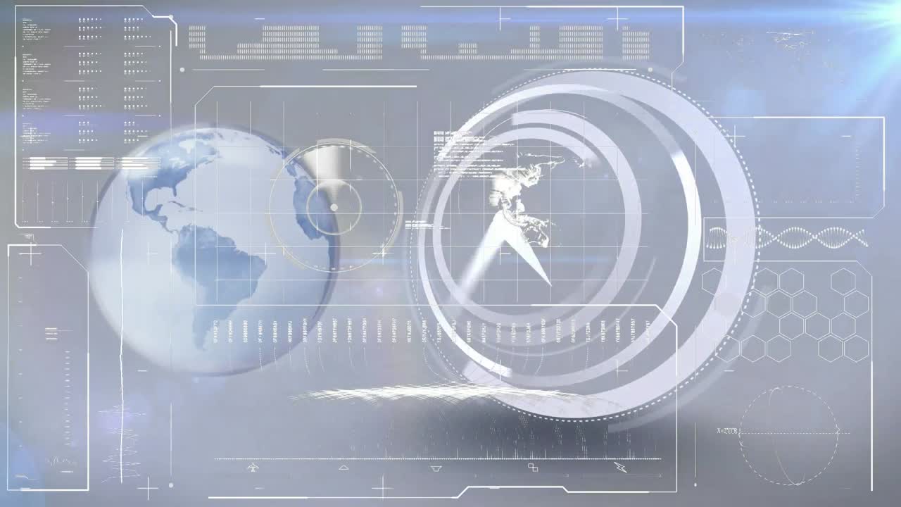 анимация быстро движущихся часов и обработки данных над вращающимся глобусом на сером фоне