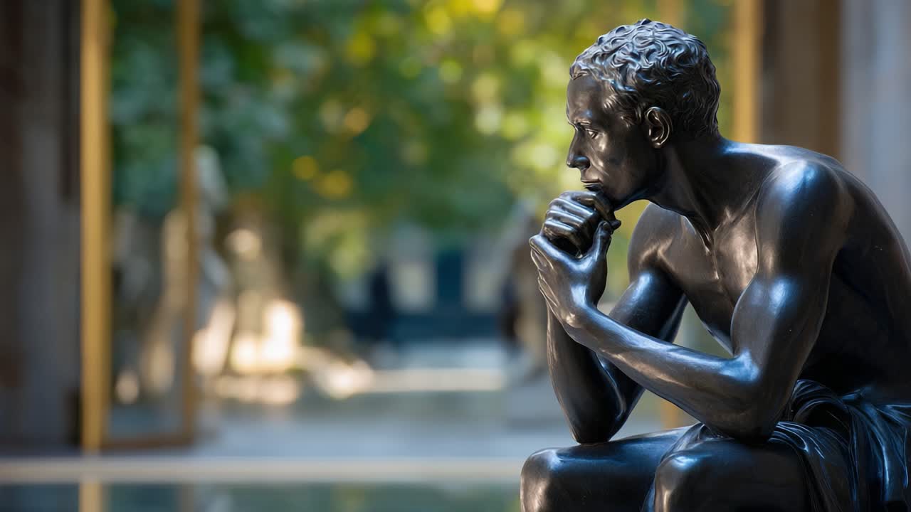 Contemplative Bronze Sculpture in Serene Greenery Showcasing Artistic Expression and Thoughtfulness, Highlighting the Beauty of Human Emotion and Reflection
