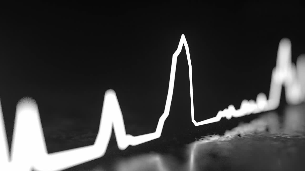 Grafico a linee bianche dinamico fluttuante su superficie scura riflettente
